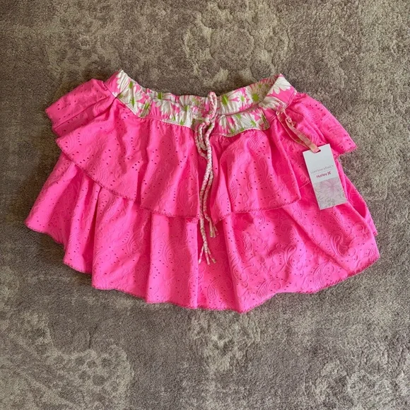 Loveshackfancy X Hurley Collaboration L Neon Pink Floral Eyelet Jacket Skirt Set